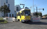 Die erste Fahrt auf der Neubaustrecke Johannisthal-Adlershof: Fahrleitungs-Messfahrt am 14.09.2021 mit Tw 4572 an der Haltestelle Landschaftspark Johannisthal / Hermann-Dorner-Allee