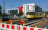 Die erste Fahrt auf der Neubaustrecke Johannisthal-Adlershof: Fahrleitungs-Messfahrt am 14.09.2021 mit Tw 4572 Karl-Ziegler-Strae.