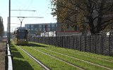 Tw 2213 ist zur Erffnungsfahrt nahe der Haltestelle Landschaftspark Johannisthal unterwegs (30.10.2021).