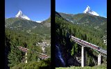 Das Findelenbachviadukt oberhalb von Zermatt mit dem Matterhorn am 16.07.2016. Der erste Standort (links) war zu hoch gewhlt. Bume verdecken das Viadukt.